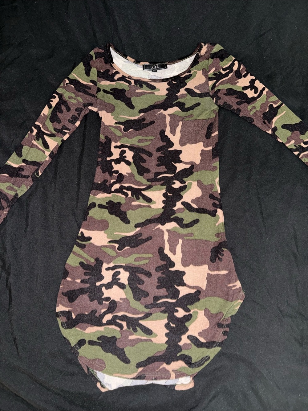 Vibe Camouflage Long Sleeve Dress in Green, Brown, Black